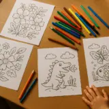 Ausgedruckte Ausmalbilder auf einem Holztisch mit Bunt- und Filzstiften