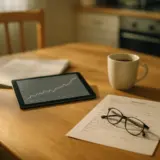 Tablet mit Kursverlauf, Zeitung und Kreditunterlagen auf einem Küchentisch