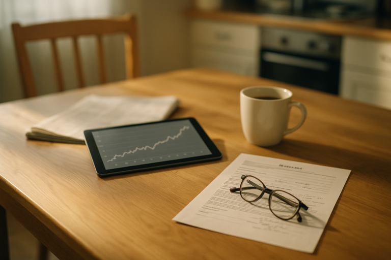 Tablet mit Kursverlauf, Zeitung und Kreditunterlagen auf einem Küchentisch