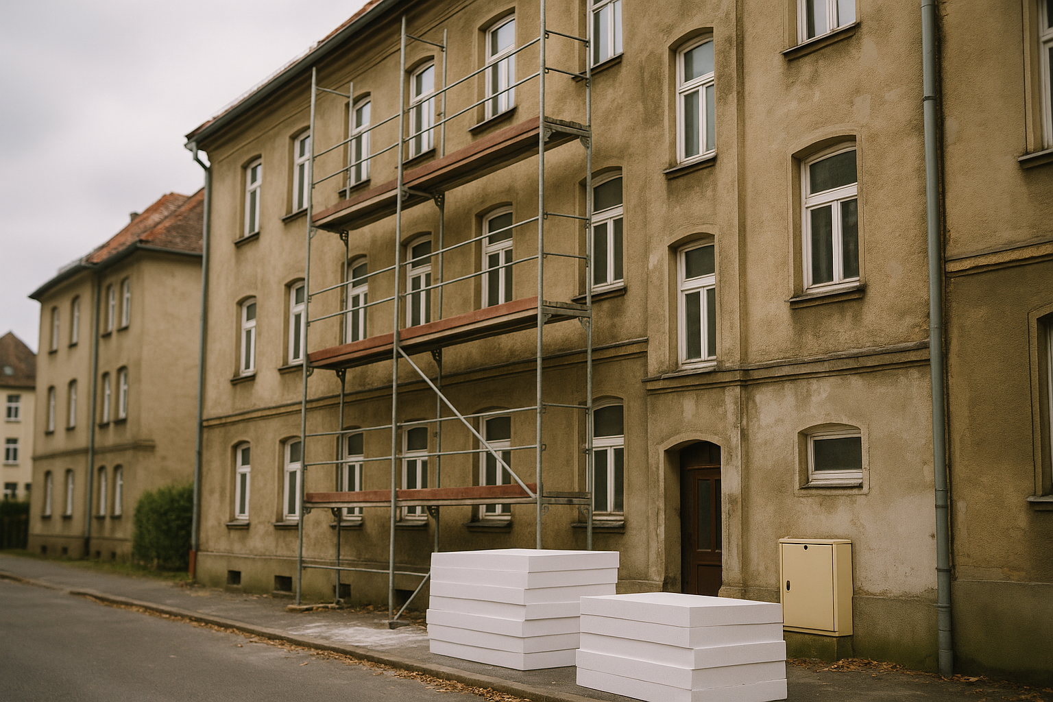 Wohnhaus mit Gerüst, gestapelten Dämmplatten und Gaszähler an der Fassade